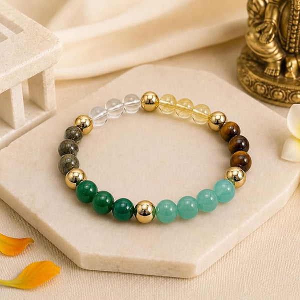 Dhan Yog Crystal Bracelet for Men & Women | Citrine, Tiger Eye, Green Jade, Green Aventurine, Sphatik & Pyrite Crystals | Wealth, Good Luck & Positive Energy | Stretchable Crystal Bracelet