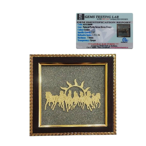 Natural Pyrite Seven Running Horse Frame with Surya Dev | Original Pyrite Vastu Frame for Wealth, Success, Career Growth & Business | Certified Pyrite Stone Wall Decor | Home Office Table & Wall Mount | 7.5 x 7.5 Inch