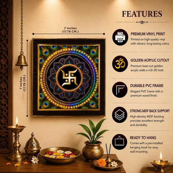 Golden Acrylic Swastik Wall Frame | Vastu Wall Decor for Home Entrance | Pooja Room Wall Hanging | Religious Decor for Home & Office