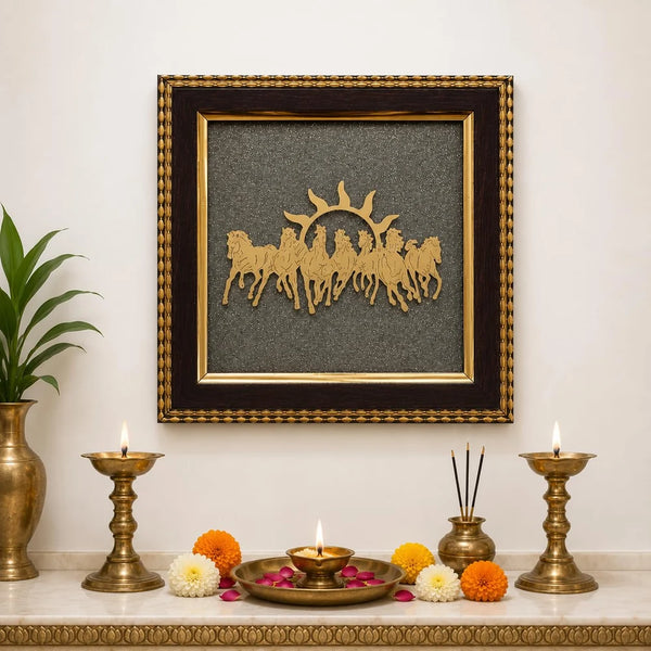 Natural Pyrite Seven Running Horse Frame with Surya Dev | Original Pyrite Vastu Frame for Wealth, Success, Career Growth & Business | Certified Pyrite Stone Wall Decor | Home Office Table & Wall Mount | 7.5 x 7.5 Inch