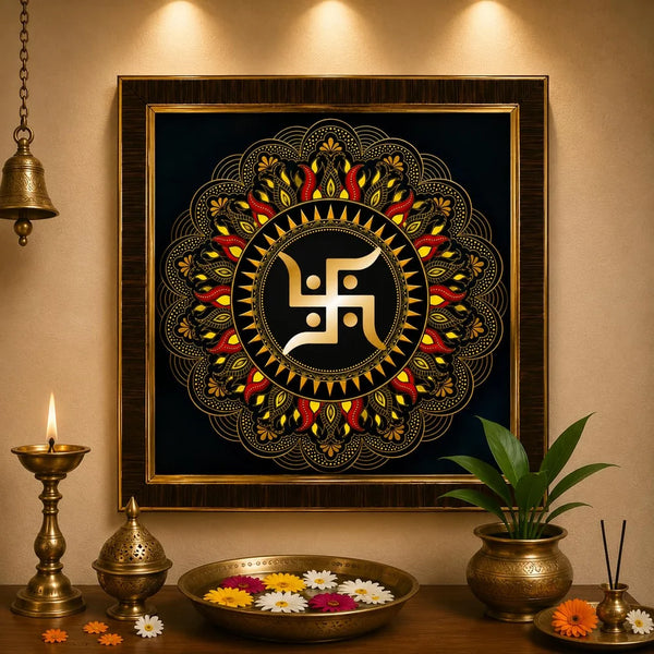 Golden Acrylic Swastik Wall Frame | Vastu Wall Decor for Home Entrance | Pooja Room Wall Hanging | Religious Decor for Home & Office