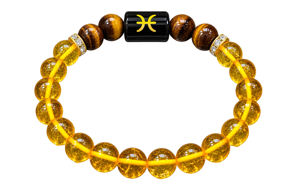 Pisces Zodiac Bracelet for Men & Women | Natural Citrine & Tiger Eye Crystal Beads | Good Luck, Prosperity, Confidence & Positive Energy | Stretchable Crystal Bracelet