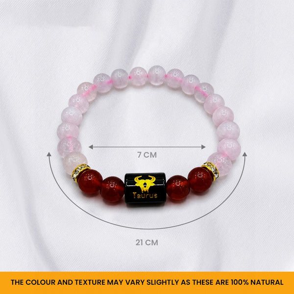 Taurus Zodiac Bracelet | Natural Rose Quartz & Carnelian Crystal Beads for Men & Women | Love, Confidence, Motivation & Positive Energy | Stretchable Bracelet