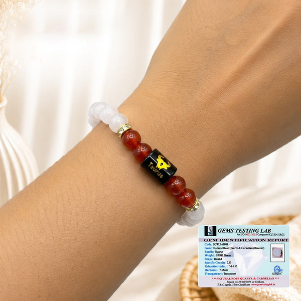 Taurus Zodiac Bracelet | Natural Rose Quartz & Carnelian Crystal Beads for Men & Women | Love, Confidence, Motivation & Positive Energy | Stretchable Bracelet