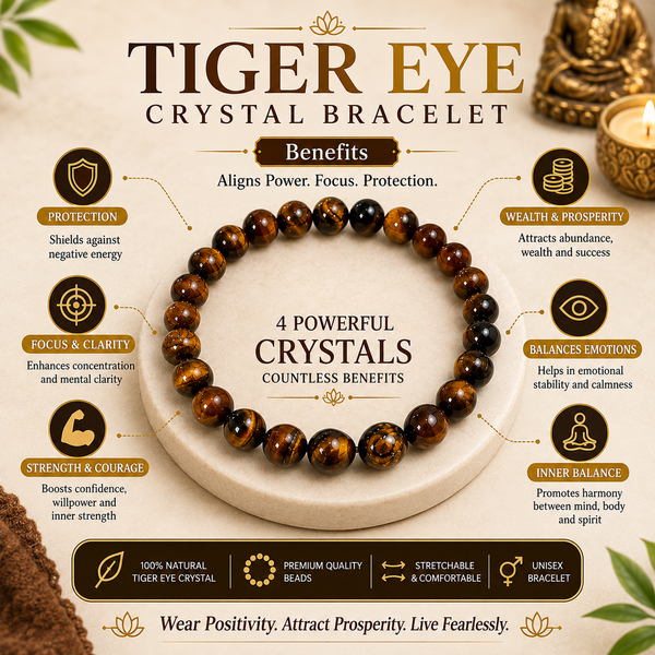 Tiger Eye Stone Bracelet for Men & Women | Natural Tiger Eye Crystal Beads | Good Luck, Confidence & Positive Energy | Stretchable Crystal Bracelet
