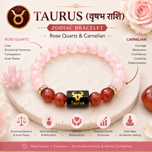 Taurus Zodiac Bracelet | Natural Rose Quartz & Carnelian Crystal Beads for Men & Women | Love, Confidence, Motivation & Positive Energy | Stretchable Bracelet