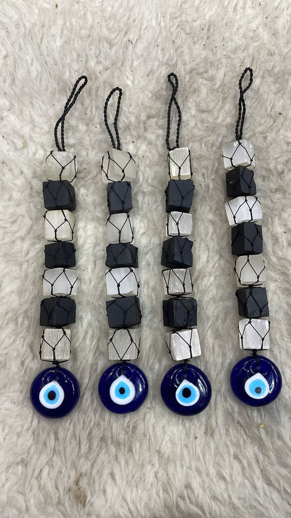 Black Tourmaline with Selenite Evil Eye Hanging for Protection, Positivity, Peace & Balance | Crystal Hanging for Home, Office, Main Entrance & Car Décor