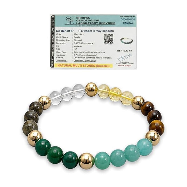Dhan Yog Crystal Bracelet for Men & Women | Citrine, Tiger Eye, Green Jade, Green Aventurine, Sphatik & Pyrite Crystals | Wealth, Good Luck & Positive Energy | Stretchable Crystal Bracelet