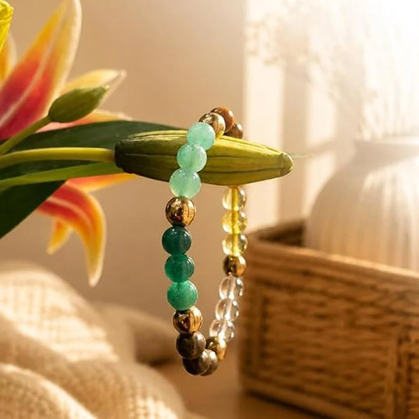 Dhan Yog Crystal Bracelet for Men & Women | Citrine, Tiger Eye, Green Jade, Green Aventurine, Sphatik & Pyrite Crystals | Wealth, Good Luck & Positive Energy | Stretchable Crystal Bracelet