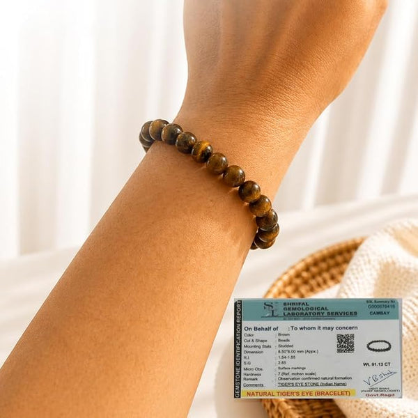 Tiger Eye Stone Bracelet for Men & Women | Natural Tiger Eye Crystal Beads | Good Luck, Confidence & Positive Energy | Stretchable Crystal Bracelet