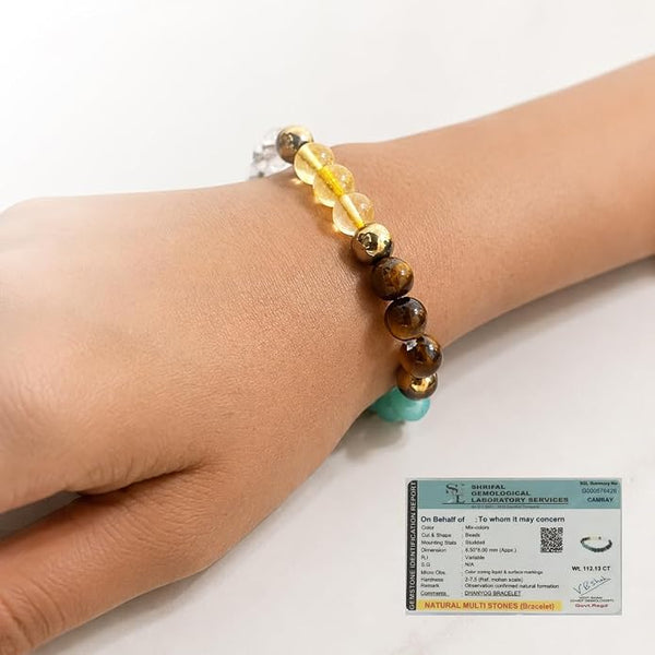 Dhan Yog Crystal Bracelet for Men & Women | Citrine, Tiger Eye, Green Jade, Green Aventurine, Sphatik & Pyrite Crystals | Wealth, Good Luck & Positive Energy | Stretchable Crystal Bracelet