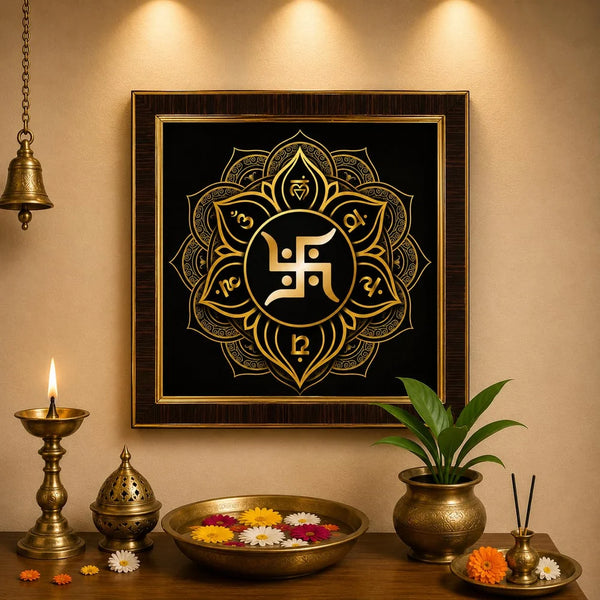 Golden Acrylic Swastik Wall Frame | Vastu Wall Decor for Home Entrance | Pooja Room Wall Hanging | Religious Decor for Home & Office