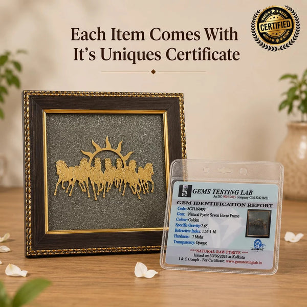Natural Pyrite Seven Running Horse Frame with Surya Dev | Original Pyrite Vastu Frame for Wealth, Success, Career Growth & Business | Certified Pyrite Stone Wall Decor | Home Office Table & Wall Mount | 7.5 x 7.5 Inch