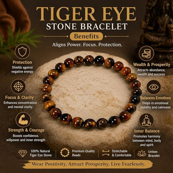 Tiger Eye Stone Bracelet for Men & Women | Natural Tiger Eye Crystal Beads | Good Luck, Confidence & Positive Energy | Stretchable Crystal Bracelet