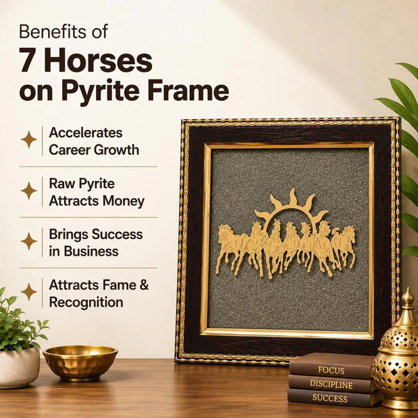 Natural Pyrite Seven Running Horse Frame with Surya Dev | Original Pyrite Vastu Frame for Wealth, Success, Career Growth & Business | Certified Pyrite Stone Wall Decor | Home Office Table & Wall Mount | 7.5 x 7.5 Inch