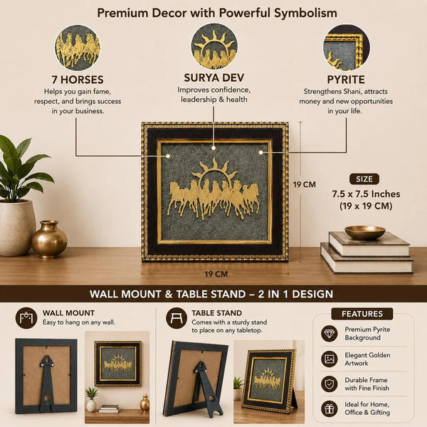 Natural Pyrite Seven Running Horse Frame with Surya Dev | Original Pyrite Vastu Frame for Wealth, Success, Career Growth & Business | Certified Pyrite Stone Wall Decor | Home Office Table & Wall Mount | 7.5 x 7.5 Inch