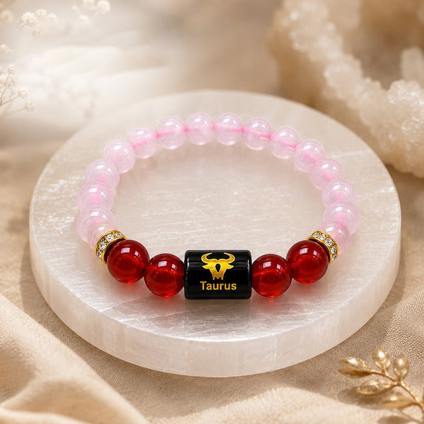 Taurus Zodiac Bracelet | Natural Rose Quartz & Carnelian Crystal Beads for Men & Women | Love, Confidence, Motivation & Positive Energy | Stretchable Bracelet