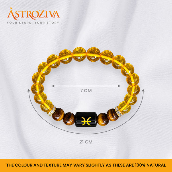 Pisces Zodiac Bracelet for Men & Women | Natural Citrine & Tiger Eye Crystal Beads | Good Luck, Prosperity, Confidence & Positive Energy | Stretchable Crystal Bracelet