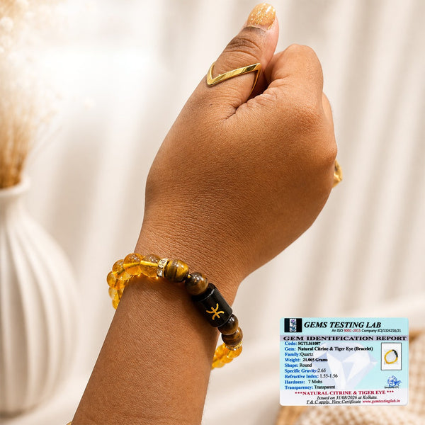 Pisces Zodiac Bracelet for Men & Women | Natural Citrine & Tiger Eye Crystal Beads | Good Luck, Prosperity, Confidence & Positive Energy | Stretchable Crystal Bracelet