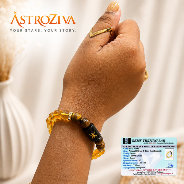 Pisces Zodiac Bracelet for Men & Women | Natural Citrine & Tiger Eye Crystal Beads | Good Luck, Prosperity, Confidence & Positive Energy | Stretchable Crystal Bracelet
