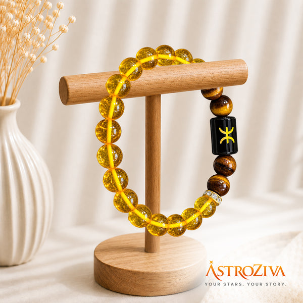 Pisces Zodiac Bracelet for Men & Women | Natural Citrine & Tiger Eye Crystal Beads | Good Luck, Prosperity, Confidence & Positive Energy | Stretchable Crystal Bracelet