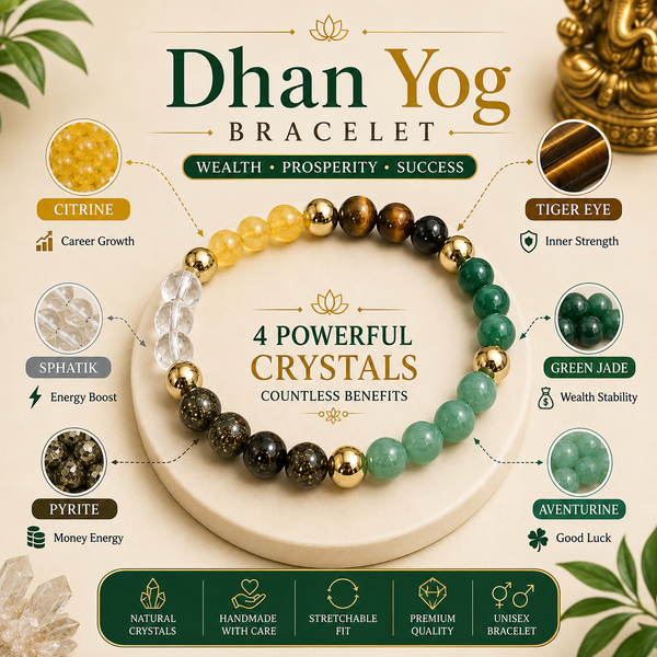 Dhan Yog Crystal Bracelet for Men & Women | Citrine, Tiger Eye, Green Jade, Green Aventurine, Sphatik & Pyrite Crystals | Wealth, Good Luck & Positive Energy | Stretchable Crystal Bracelet