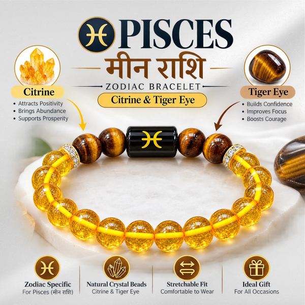 Pisces Zodiac Bracelet for Men & Women | Natural Citrine & Tiger Eye Crystal Beads | Good Luck, Prosperity, Confidence & Positive Energy | Stretchable Crystal Bracelet