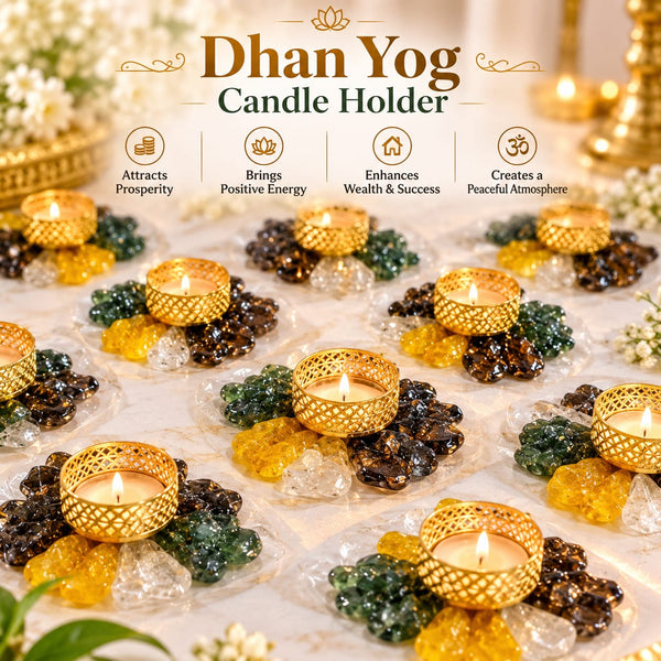 Dhan Yog Candle Holder for Wealth, Prosperity, Abundance & Positive Energy | Crystal Tealight Holder for Vastu, Home Décor, Office & Festive Gifting